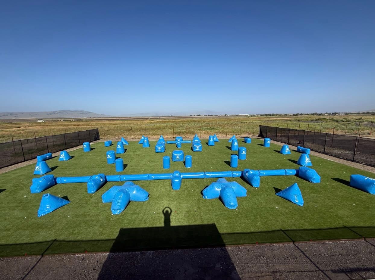 Blue inflatable bunkers across the turf at Airball Field 1
