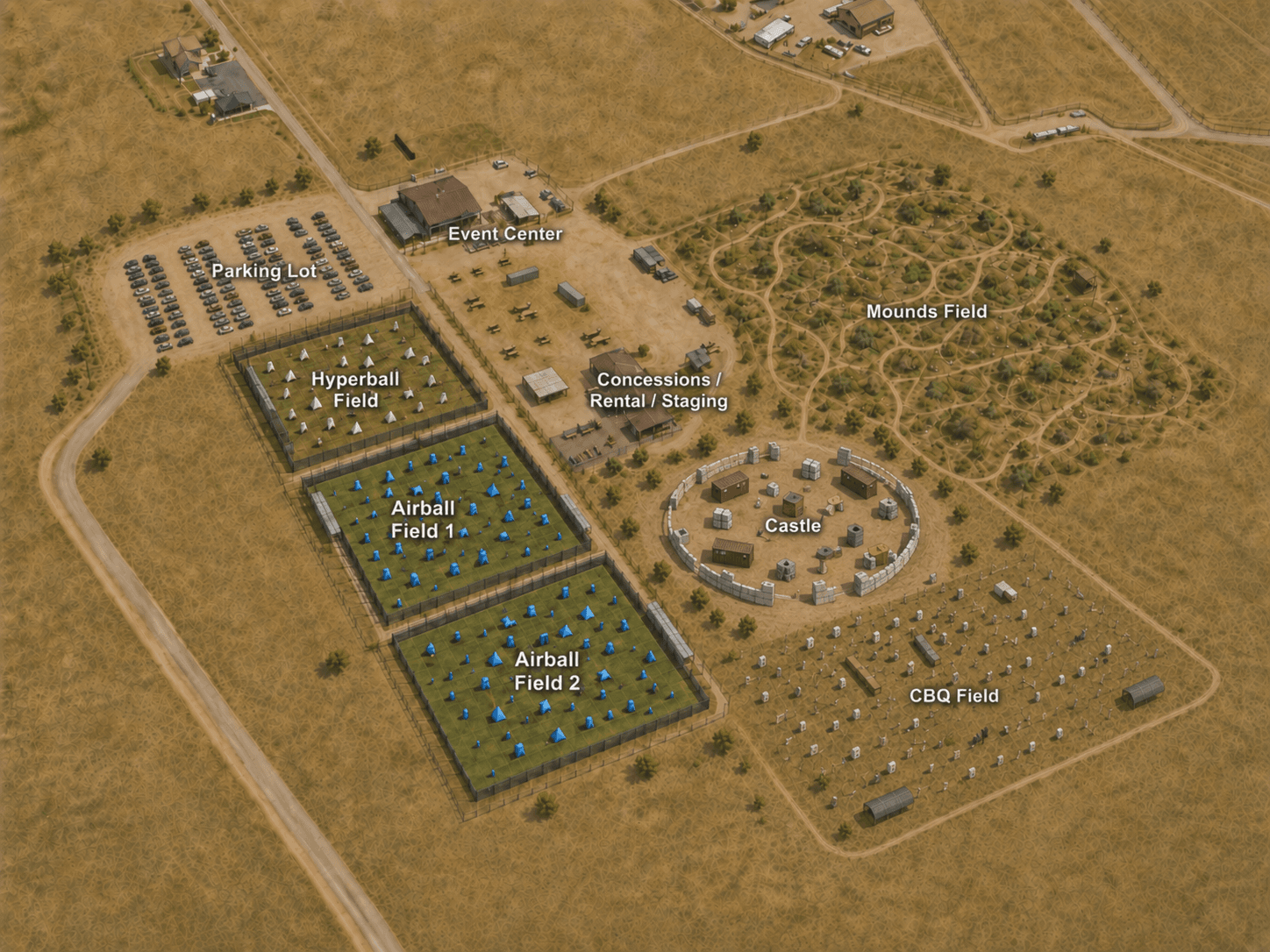Illustrated bird's-eye map of West Coast Adventure Park showing the fields, parking, and facilities