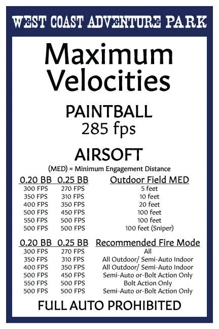 Maximum velocity sign: paintball capped at 285 fps, airsoft fps limits by BB weight, minimum engagement distances, recommended fire modes, and full auto prohibited.